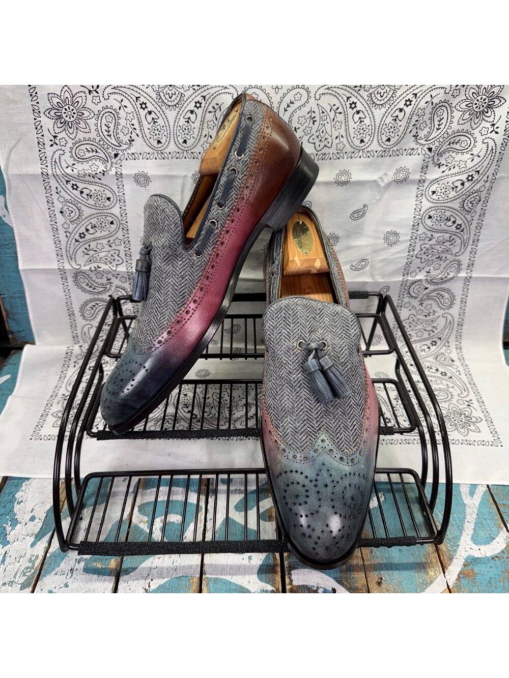 The Persona Store Da Vinci Loafers Custom Made Leather/Tweed Tassle Sz 42/ 8.5-9